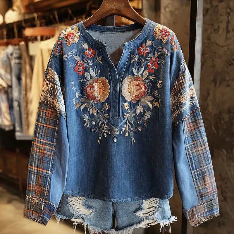 Retro Boho Floral With Plaid Denim Patchwork Pattern Women's Top
