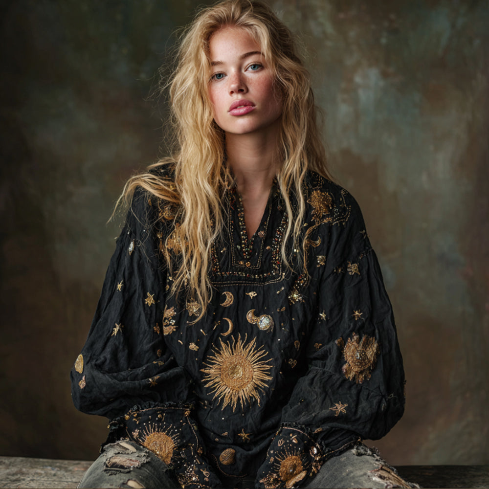 Mysterious Moon Sun V-neck Embroidered Loose Top
