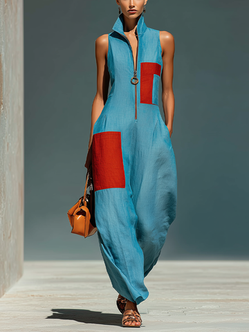 Women’s Blue Linen-Blend Sleeveless Jumpsuit With Red Patch Pockets & Half-Zip Stand Collar MDZ0982E4T