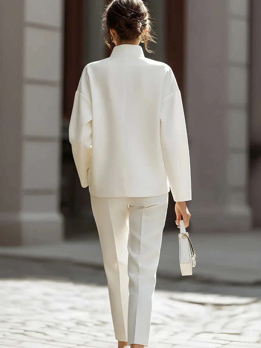 Women's Solid Color Stand Collar Long Sleeve Casual Loose Cotton Top And High Waist Casual Loose Trousers Set