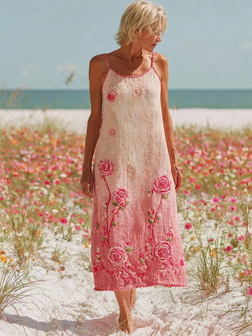 Stylish Pink Floral Embroidered Cozy Suspenders Maxi Dress