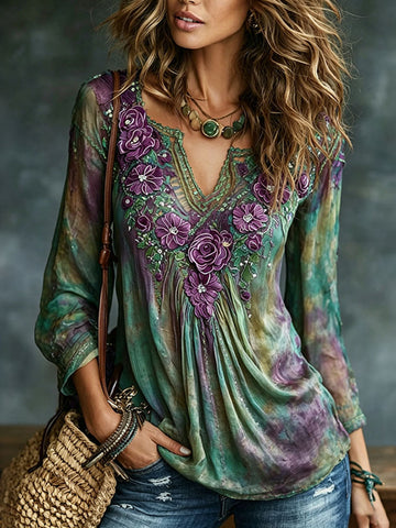 Women's Vintage Romantic Floral Art Linen Blend Long Sleeve Tops