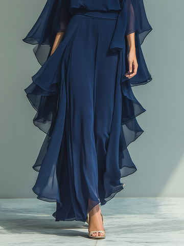 Women’s Navy High-Waisted Ruffle Hem Draped Wide-Leg Pants MDZ1614D6T