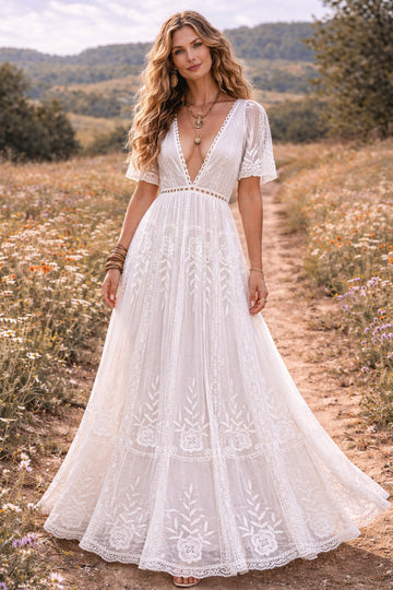 Lace Deep V-Neck Short Sleeve High Waist A-Line Maxi Dress