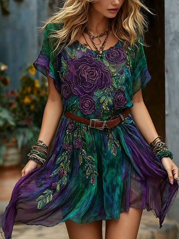 Women's Purple Rose Art Embroidered Linen Blend Round Neck Mini Dress