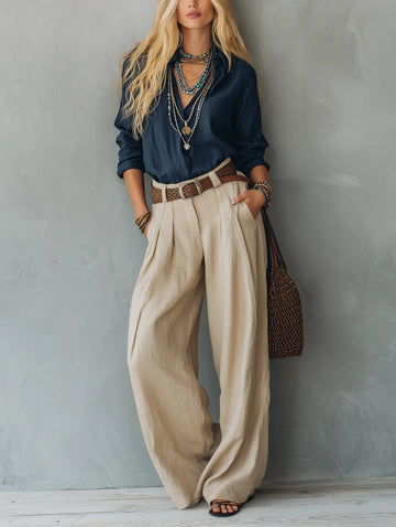 Women's Casual Navy Blue Cotton-Linen Long-Sleeve Pullover Shirt Paired With Khaki Cotton-Linen Trousers (Belt Not Included) MDZ1121E4LXY