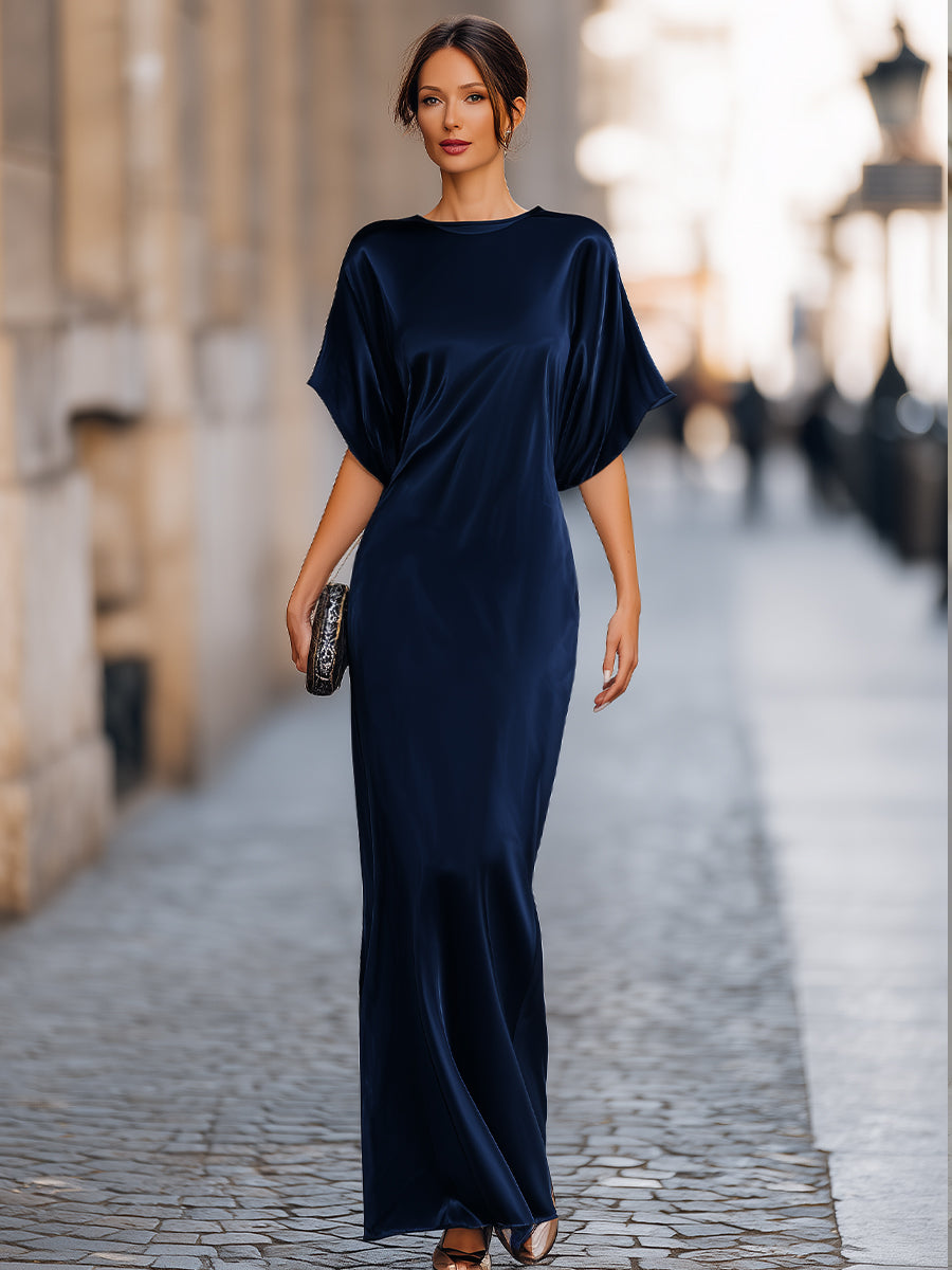 Relaxed Batwing Sleeve Fluid Column Maxi Dress