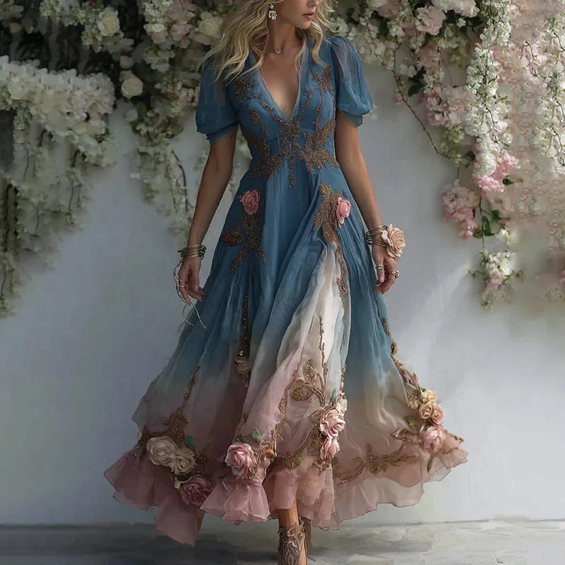 Women's Pink Rose Embroidery Art Gradient V-neck Short Sleeve Maxi Dress