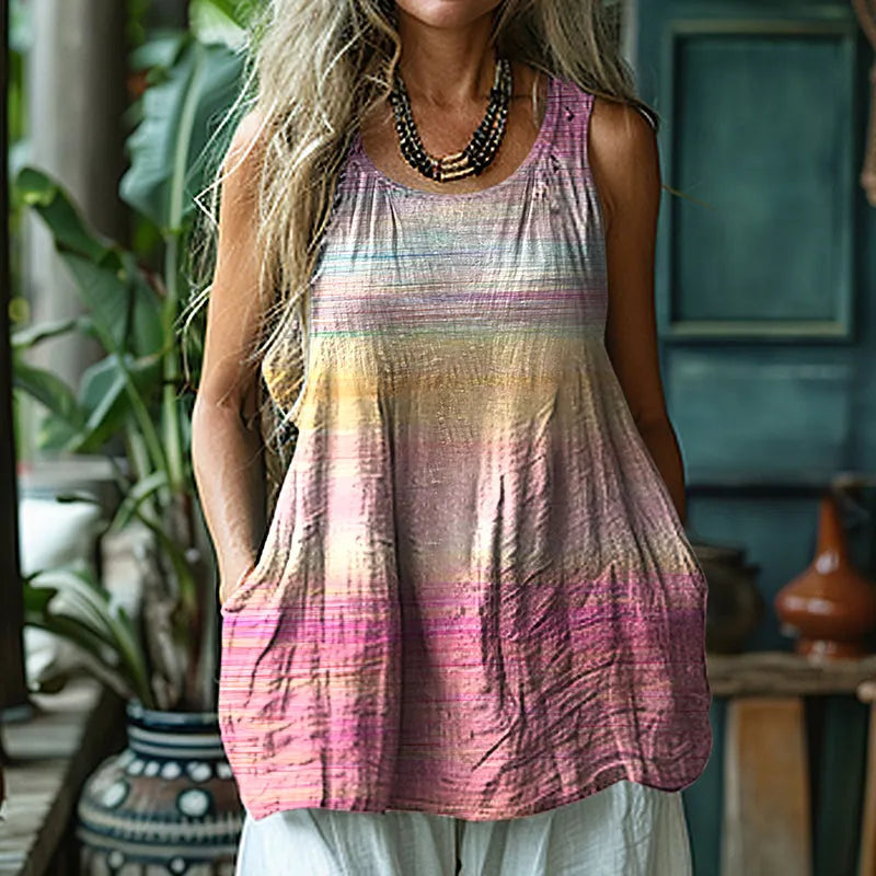 Women's Retro Cancer Awareness Ribbon Art Gradient Style Linen Sleeveless Tank Top