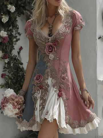 Women's Bohemian Rose Embroidery Patchwork Art V-neck Short Sleeve Midi Dress