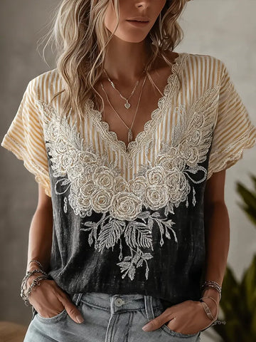 Butterfly Flower Embroidery Patchwork Striped Design Women's Summer Linen T-shirt