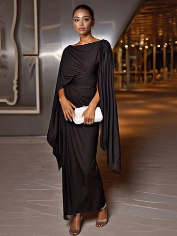 Draped Cape Sleeve Ruched Waist Bodycon Maxi Dress