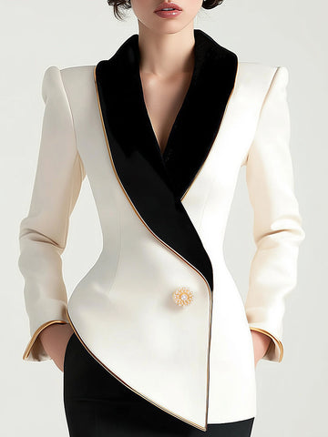 Elegant Asymmetrical White Blazer with Black Contrast Lapels