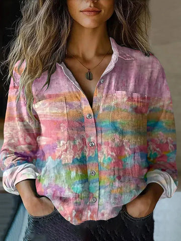Women's Retro Gradient Cancer Awareness Ribbon Gradient Art Casual Linen Shirt