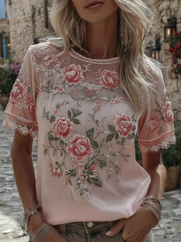 Women's Retro Floral Embroidery Casual Cotton Linen T-shirt