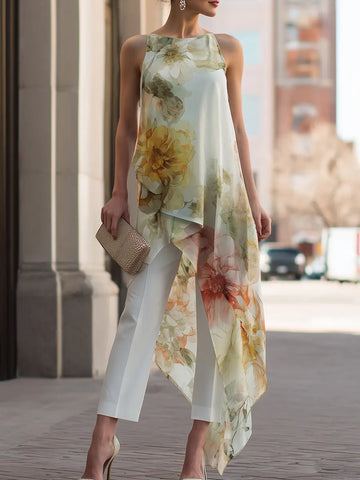 Sheer Floral Asymmetric Overlay Top & Tailored Pants Set