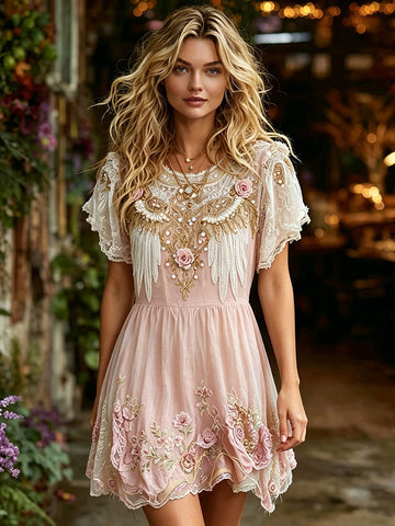 Women's Retro Viking Celtic Knot Wings And Floral Pattern Casual Dress