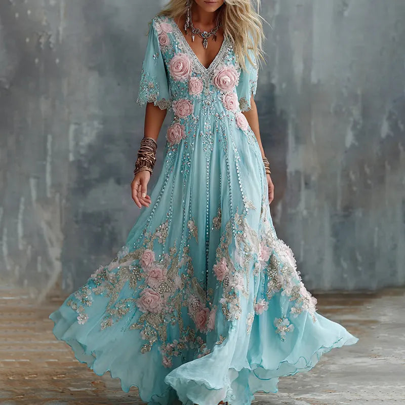 Women's Vintage Rose Floral Art Linen Blend V Neck Maxi Dress