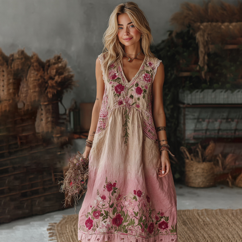 Classy Gradient Pink Roses Embroidered Linen Maxi Dress