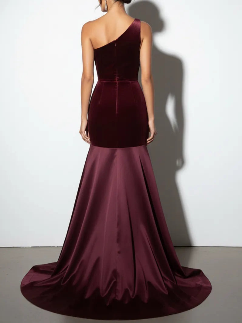 Burgundy Satin Ruched Split Joint Velvet One Shoulder Sleeveless A-Line Gown Dress