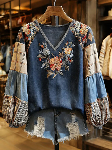 Retro Boho Floral With Plaid Denim Patchwork Pattern Women's Top