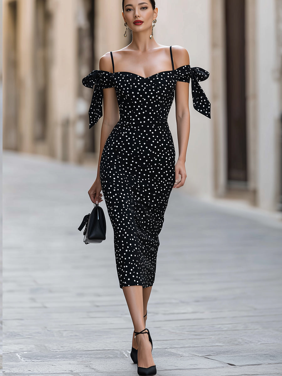 Olka Dot Off-Shoulder Bodycon Midi Dress With Bow Accents