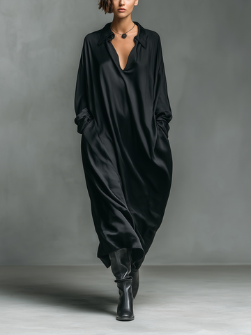 Women's Fashionable Casual Black Glossy Satin Long-sleeved Loose-fitting Maxi Dress With Pockets MDA2476K9AN
