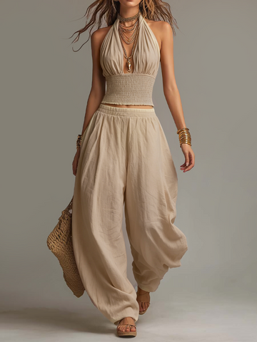 Bohemian Cotton-Linen Halter Smocked Crop Top & Harem Pants Two-Piece Set