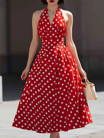 Halter V-Neck Polka Dot A-Line Midi Dress