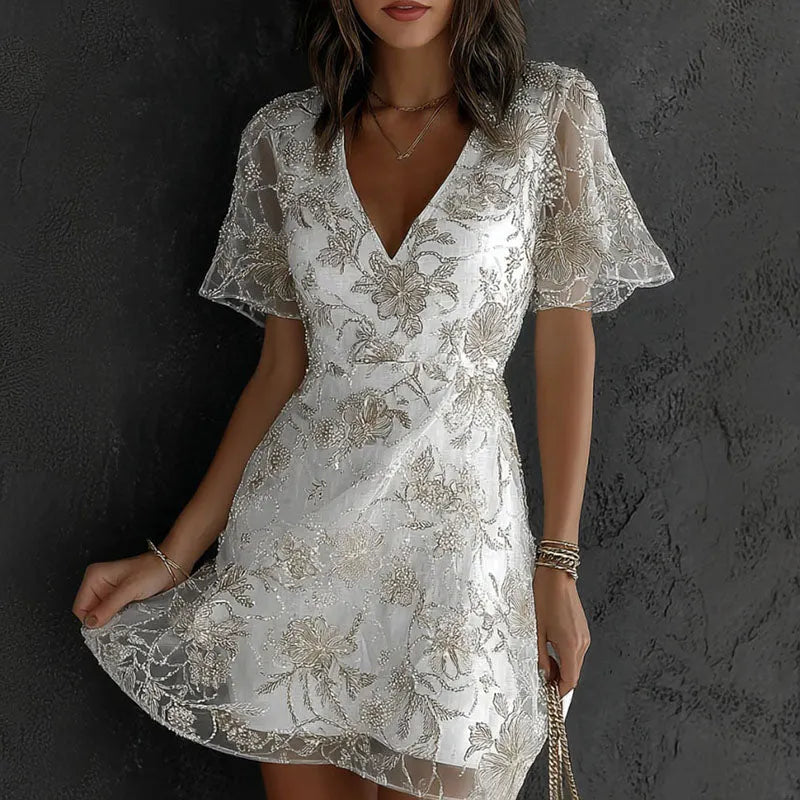 Women's Floral Art Embroidery Casual Linen Blend V-neck Mini Dress