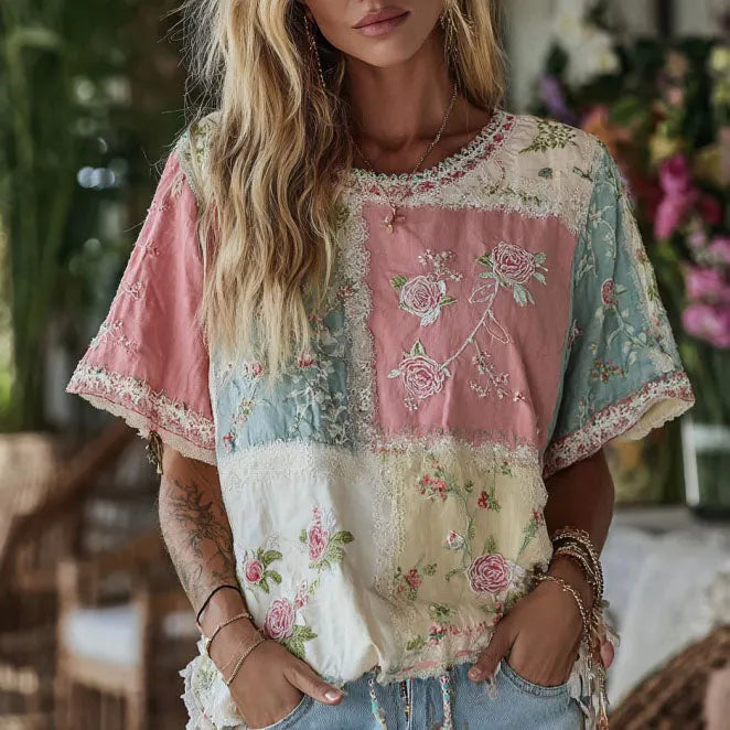 Women's Boho Floral Patchwork Embroidery Print Round Neck Linen Blend T-shirt