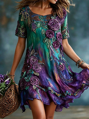 Women's Vintage Romantic Floral Art Linen Blend Round Neck Mini Dress