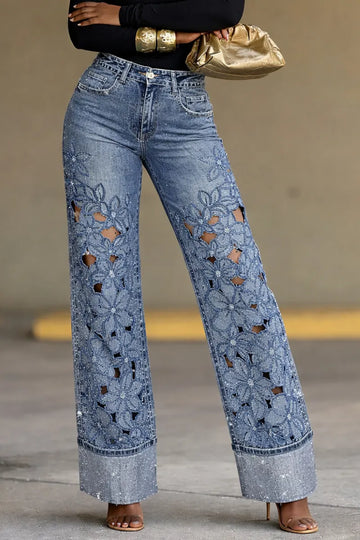 Light Blue Floral Cutout Rhinestone Wide Leg Jeans