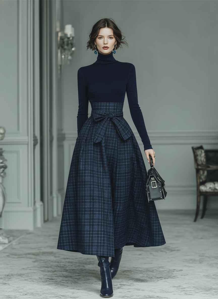 Women's Dark Blue High Elastic Knit And Plaid Wool Skirt Set MDA2592J7T
