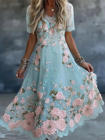 Women's Vintage Rose Floral Art Embroidery Casual Dress