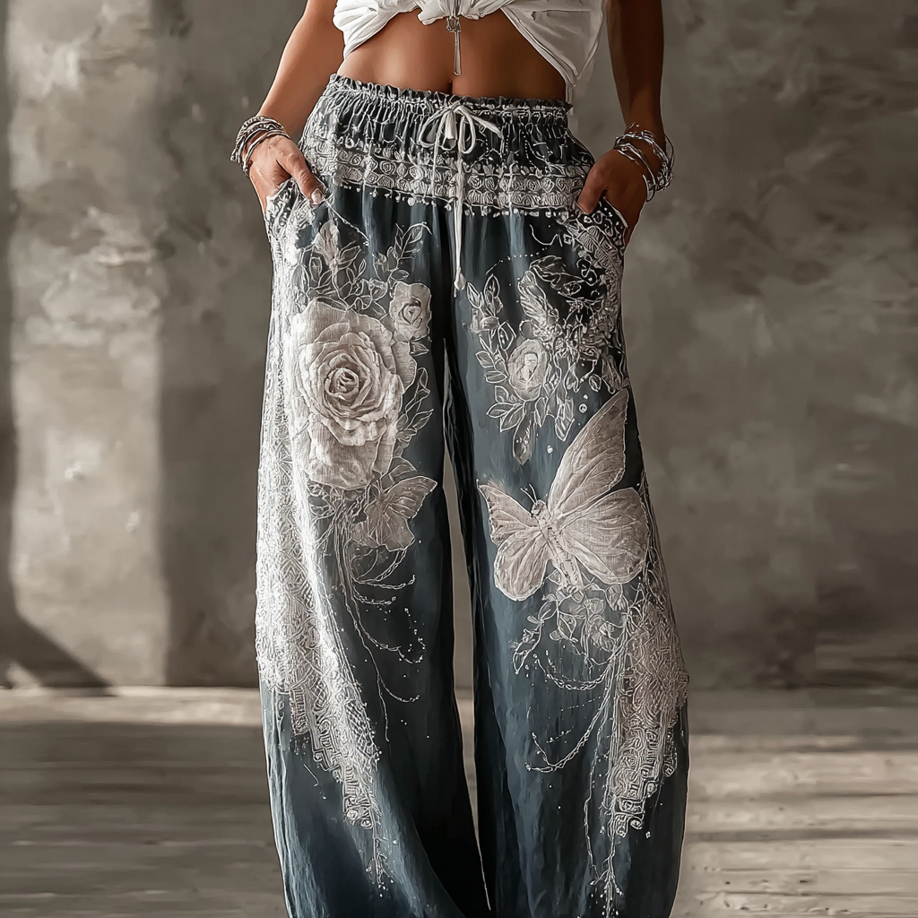 Butterfly Flower Lace Embroidery Design Women's Summer Linen Long Pants 2