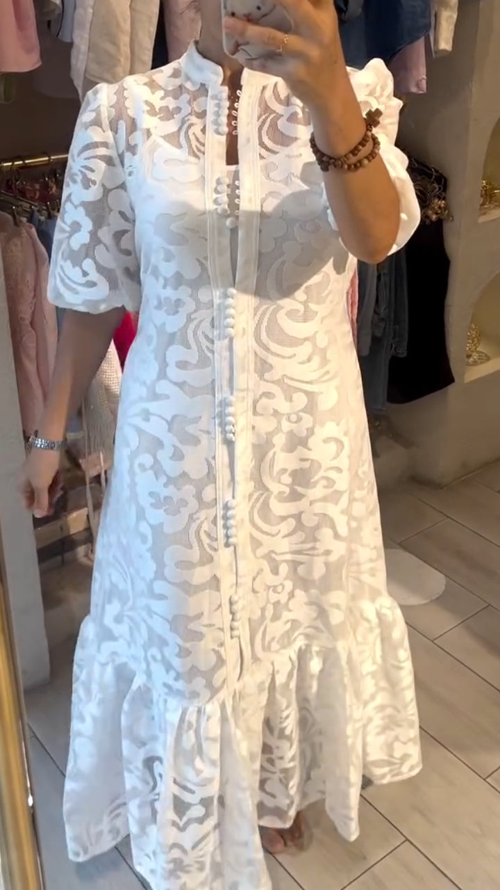 White Lace Button-Front Midi Dress