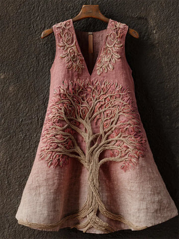 Vintage Pink Tree Of Life Embroidered Gradient Linen Tank Top