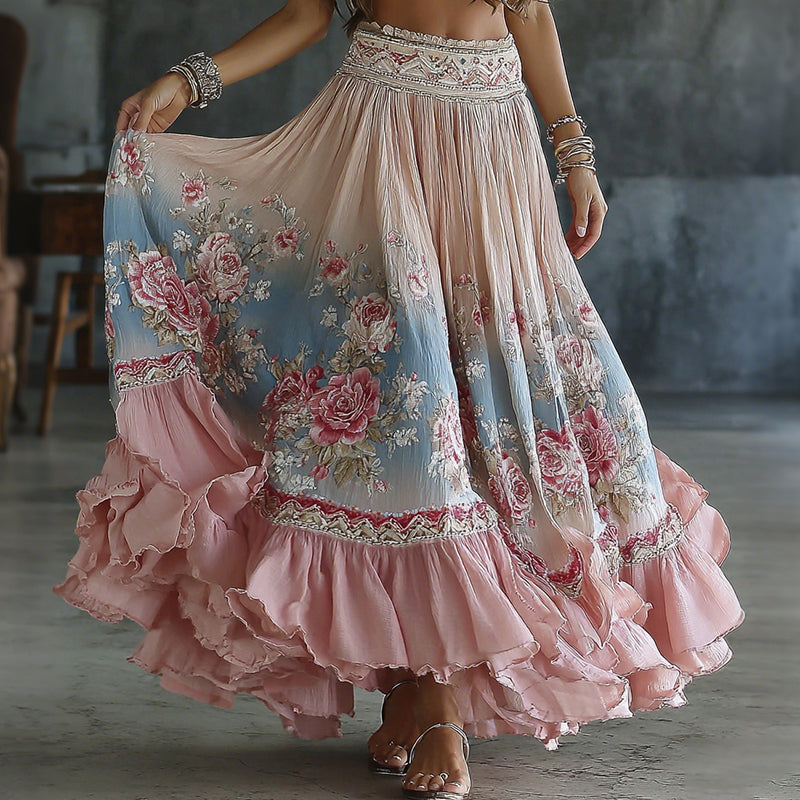 Women's Vintage Spring Floral Embroidered Art Print Flowy Linen Blend Casual Skirt