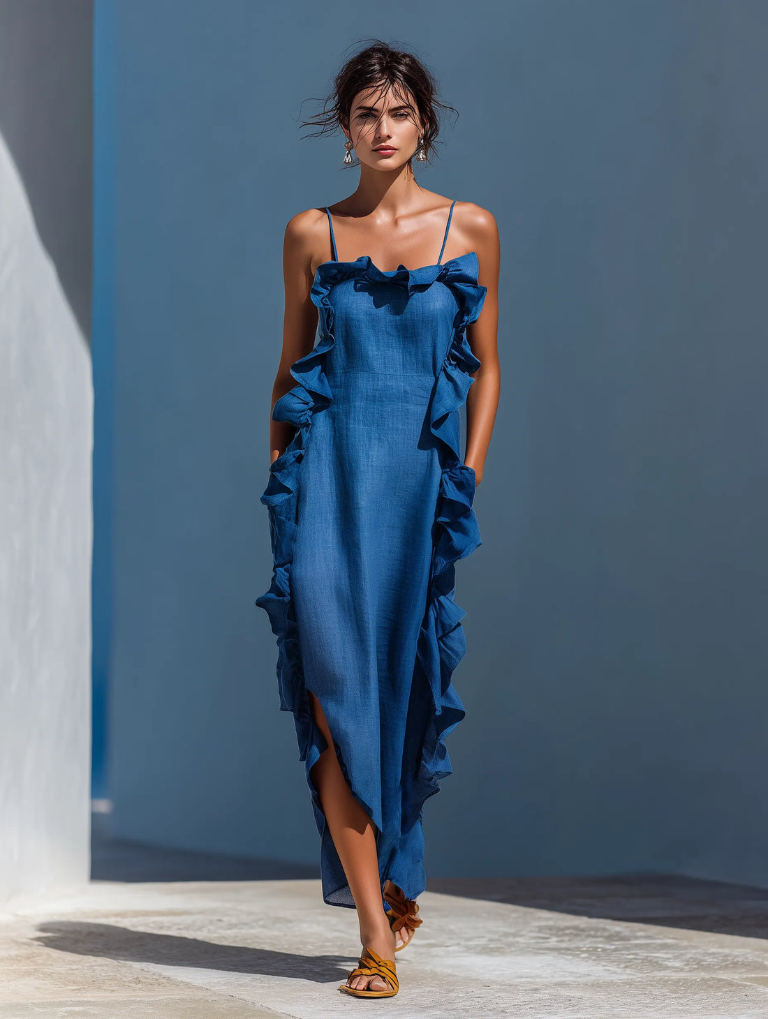 Women’s Blue Linen-Blend Spaghetti Strap Ruffle Trim Maxi Dress With Slit MDZ2407D1T
