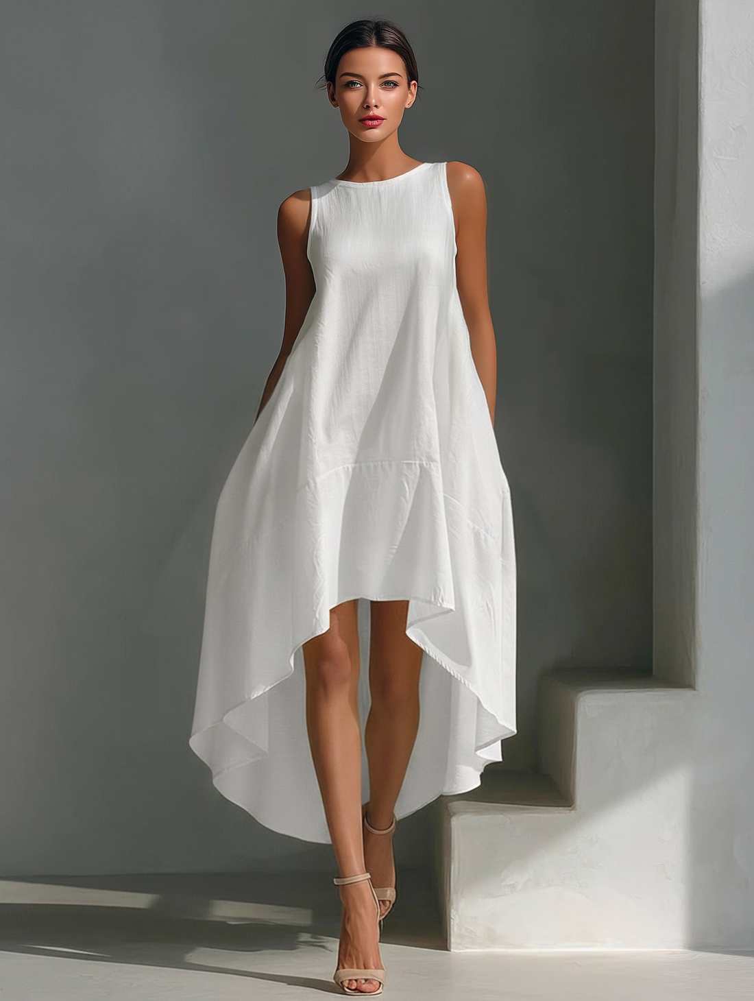 Women's White Linen Fabric Sleeveless Midi Dress With Round Neck & Asymmetric Hem MDZ0987B9T