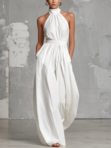 Women's Elegant White Woven Sleeveless Halter-neck Jumpsuit MDZ0554A3AN