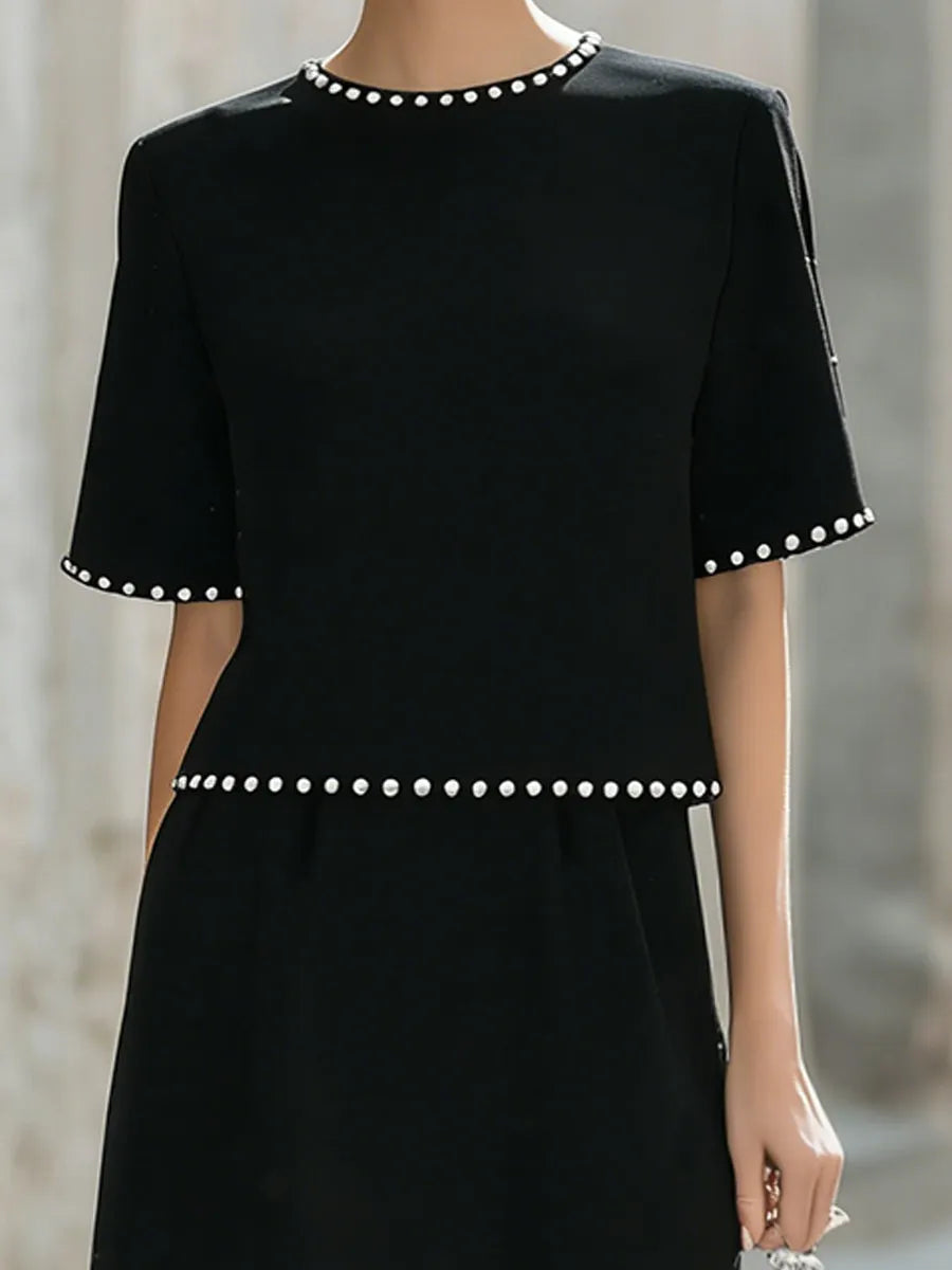 Elegant Pearl-Trimmed Two-Piece Midi Skirt Set