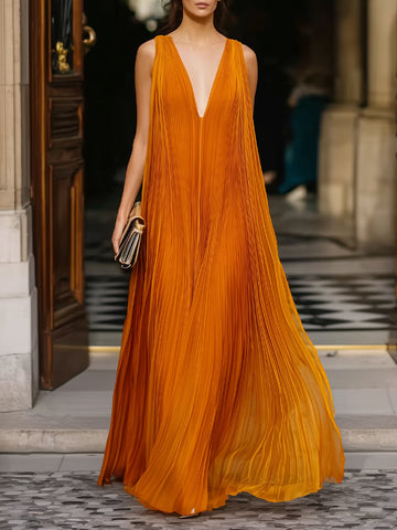 Deep V-Neck Pleated Flowing Maxi Dress