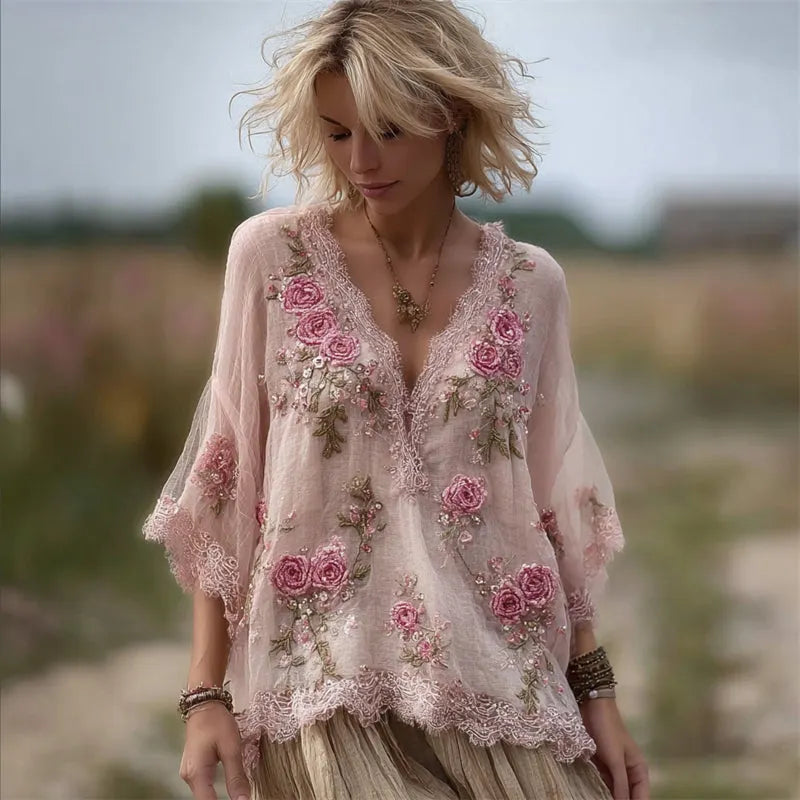 Boho Pink Roses Lace Trim Flare Flowy Linen Tunic