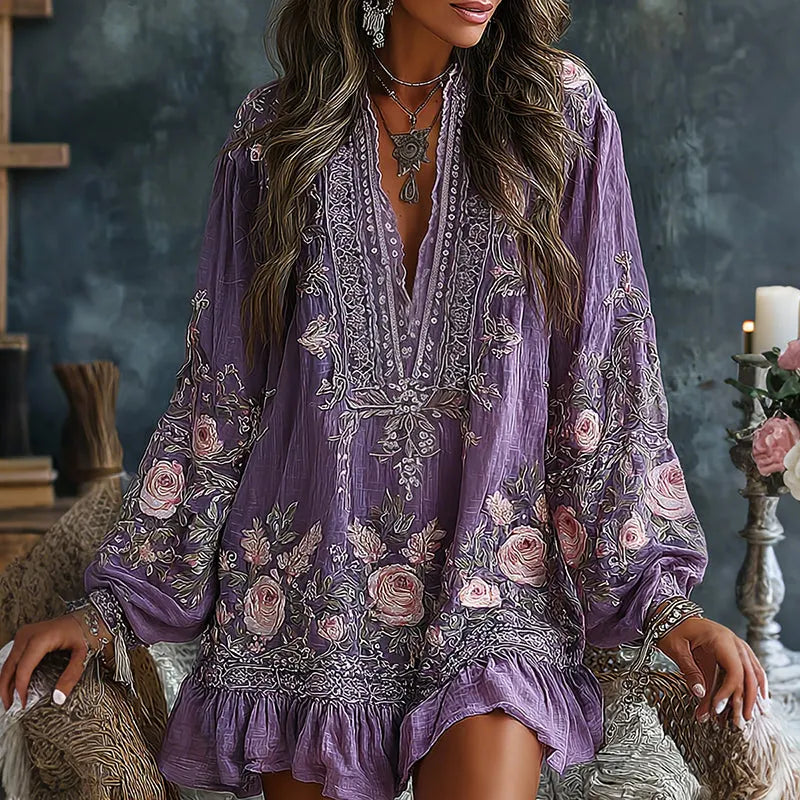 Women's Vintage Floral Art Flowy Linen Blend Casual V Neck Long Sleeve Maxi Dress
