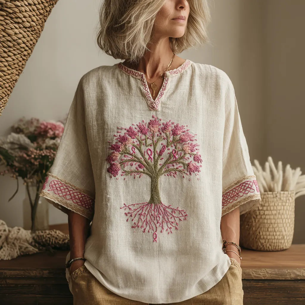 Women's Tree Of Life Pink Ribbon Small V Neck T-shirt