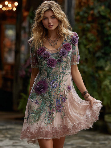 Women's Retro Purple Floral Pattern Casual Round Neck Dress