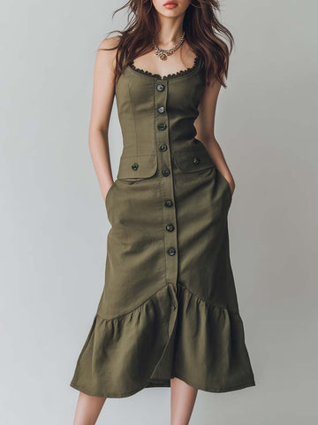 Vintage Lace-neck Button-down Cotton And Linen Midi Dress