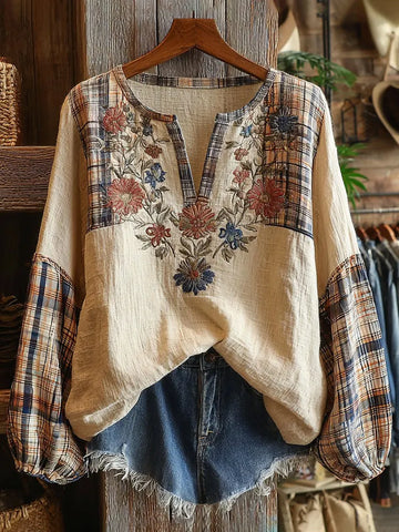 Retro Boho Floral With Plaid Patchwork Pattern Women's Top
